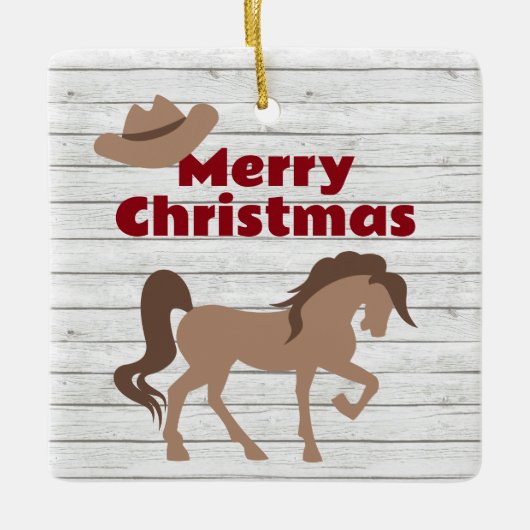 Persoonlijk bruin paard en cowboy Pet met kerstmis Keramisch Ornament (Voorkant)