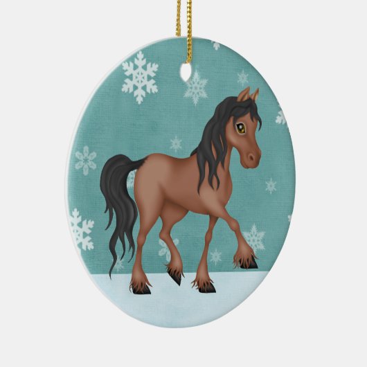 Persoonlijk bruin paard Snowy Holiday Kerstmis Keramisch Ornament (Rechts)