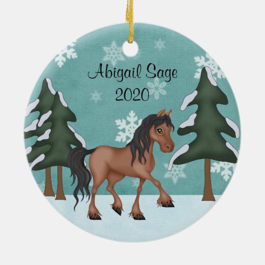 Persoonlijk bruin paard Snowy Holiday Kerstmis Keramisch Ornament (Achterkant)