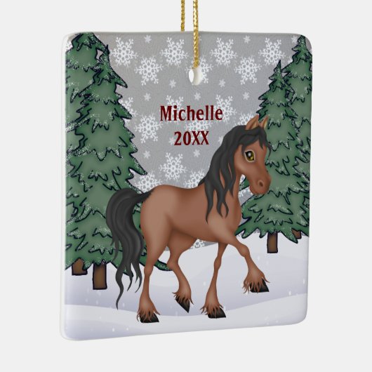 Persoonlijk bruin paard Winter Forest Kerstmis Keramisch Ornament (Rechts)