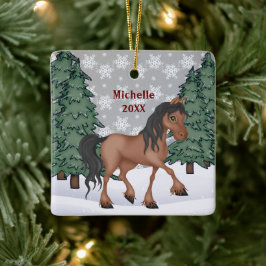 Persoonlijk bruin paard Winter Forest Kerstmis Keramisch Ornament