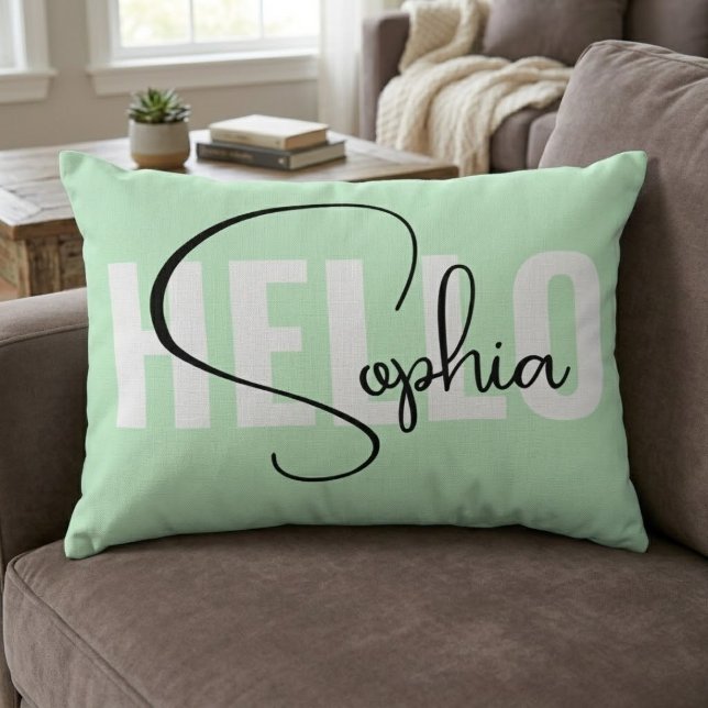 Persoonlijk Cadeau Hallo Naam | Modern Pastel Mint Accent Kussen (personalized mint green pillow gifts)
