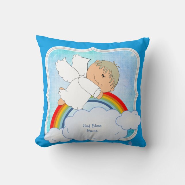 Persoonlijk cadeau voor peetzoon, engel, regenboog kussen (Voorkant)