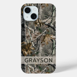 Persoonlijk camouflage met bos takken iPhone 15 case