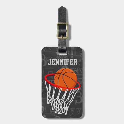 Persoonlijk Chalkboard Basketball en Hoop Bagagelabel (Voorkant verticaal)
