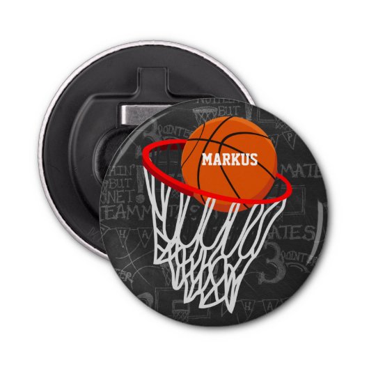 Persoonlijk Chalkboard Basketball en Hoop Button Flesopener (Voorkant)