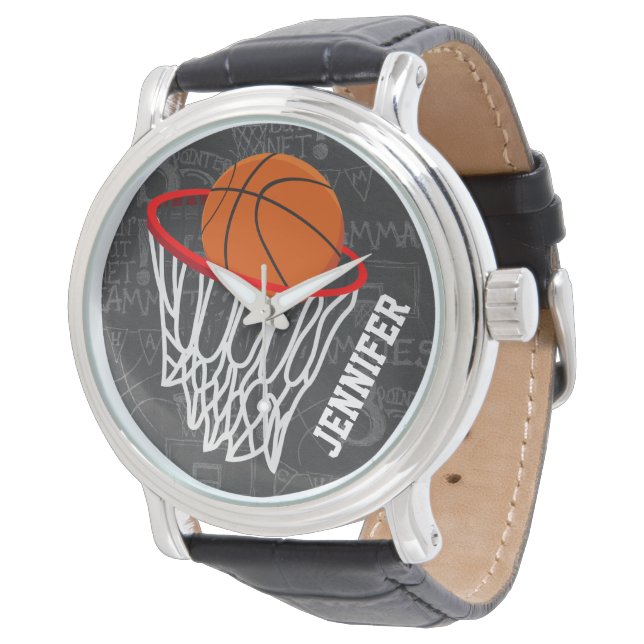 Persoonlijk Chalkboard Basketball en Hoop Horloge (Gekanteld)