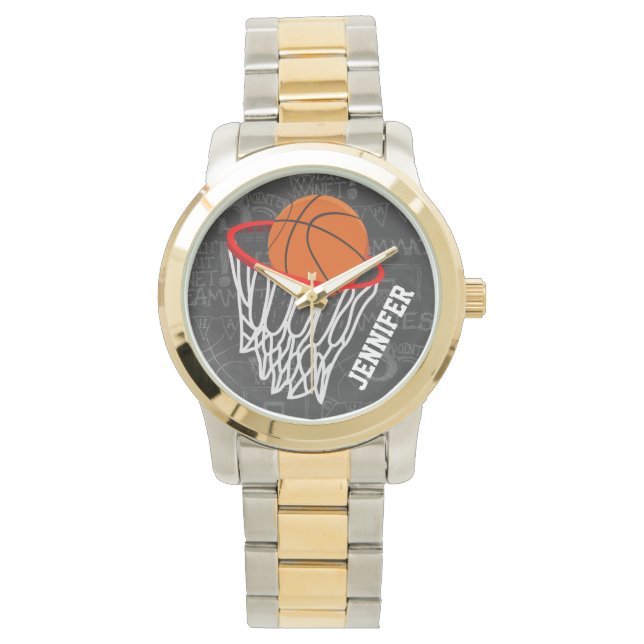 Persoonlijk Chalkboard Basketball en Hoop Horloge (Voorkant)