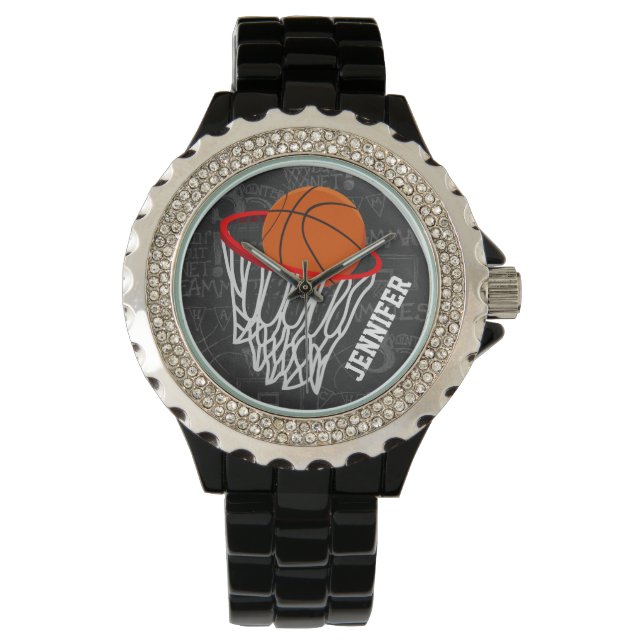 Persoonlijk Chalkboard Basketball en Hoop Horloge (Voorkant)