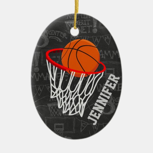 Persoonlijk Chalkboard Basketball en Hoop Keramisch Ornament (Voorkant)