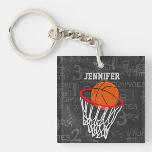 Persoonlijk Chalkboard Basketball en Hoop Sleutelhanger (Voorkant)