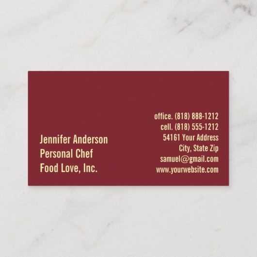 Persoonlijk chef-kok Sous Chef Restaurant Visitekaartje (Achterkant)
