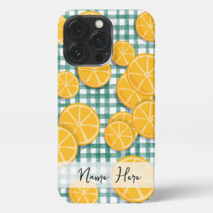 Persoonlijk citrusfruit op groene gingham telefoon iPhone 13 pro hoesje