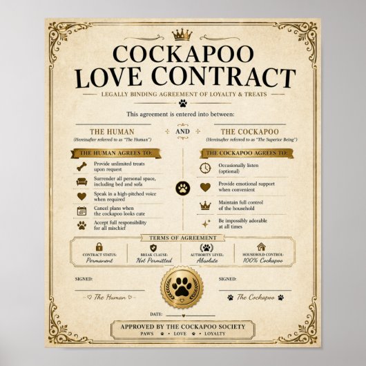 Persoonlijk Cockapoo Liefdescontract Cadeau Poster (Voorkant)