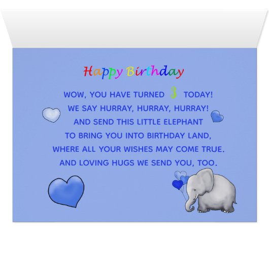 Persoonlijk Cute Baby Elephant 3rd Birthday Poem (Binenzijde Horizontaal (Onderkant))