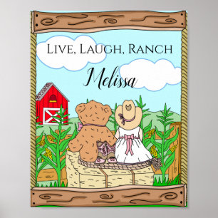Persoonlijk Cute Cowgirl en Teddy Bear op Ranch Poster