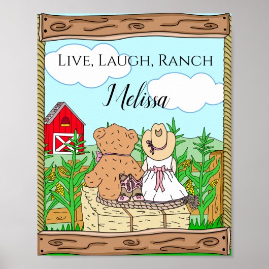 Persoonlijk Cute Cowgirl en Teddy Bear op Ranch Poster (Voorkant)