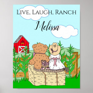 Persoonlijk Cute Cowgirl en Teddy Bear op Ranch Poster