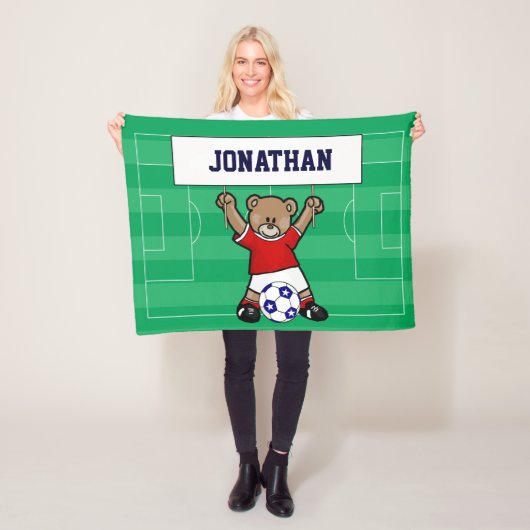 Persoonlijk Cute Soccer Teddy Bear (rood) Fleece Deken (In situ)