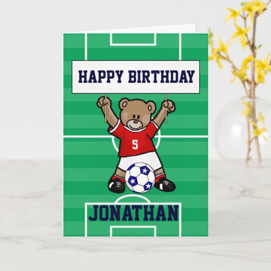 Persoonlijk Cute Soccer Teddy Bear (rood) Kaart (Gele Bloem)