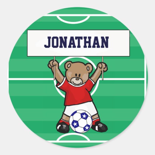 Persoonlijk Cute Soccer Teddy Bear (rood) Ronde Sticker (Voorkant)