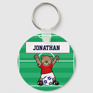 Persoonlijk Cute Soccer Teddy Bear (rood) Sleutelhanger