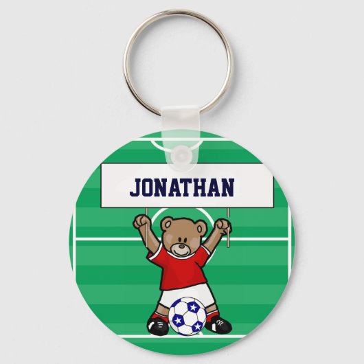 Persoonlijk Cute Soccer Teddy Bear (rood) Sleutelhanger (Voorkant)