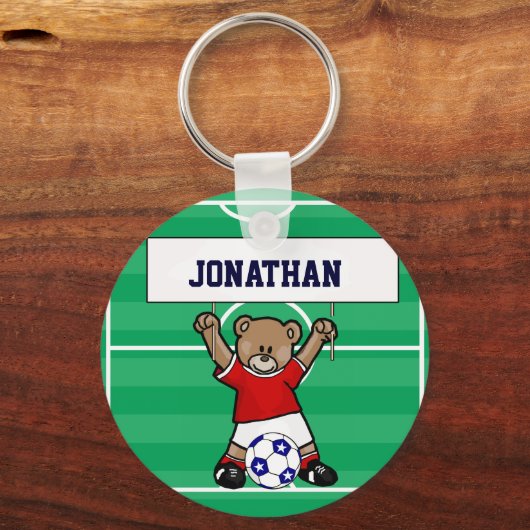 Persoonlijk Cute Soccer Teddy Bear (rood) Sleutelhanger (Achterkant)