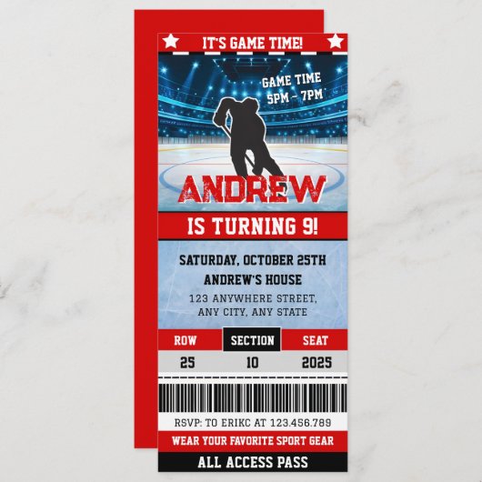 Persoonlijk digitaal hockey spel ticket verjaardag kaart (Voorkant / Achterkant)