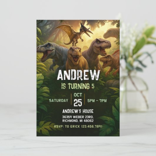 Persoonlijk Dinosaurus Verjaardagsfeest Kaart (Staand voorkant)