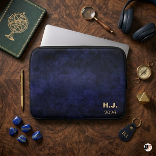 Persoonlijk donker marineblauw watercolor monogram laptop sleeve