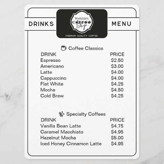 Persoonlijk drankmenu voor professionele koffiezaa menu (Voorkant)