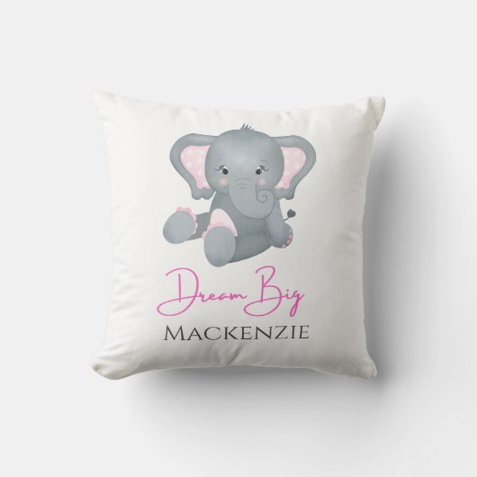 Persoonlijk Dream Big Pink Grey Elephant Baby Girl Kussen (Voorkant)