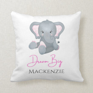 Persoonlijk Dream Big Pink Grey Elephant Baby Girl Kussen