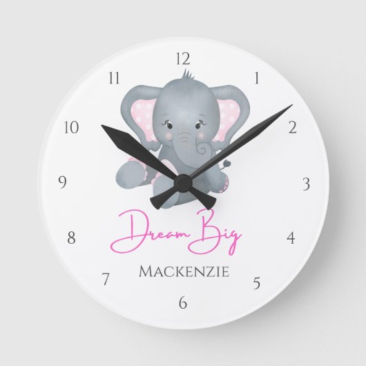 Persoonlijk Dream Big Pink Grey Elephant Baby Girl Ronde Klok (Voorkant)