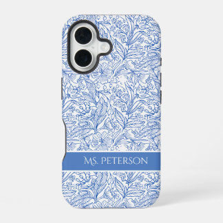 Persoonlijk Elegant Blauw Botanisch Ontwerp iPhone 16 Hoesje