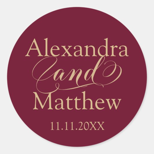 Persoonlijk Elegant Burgundy Gold Wedding Ronde Sticker (Voorkant)