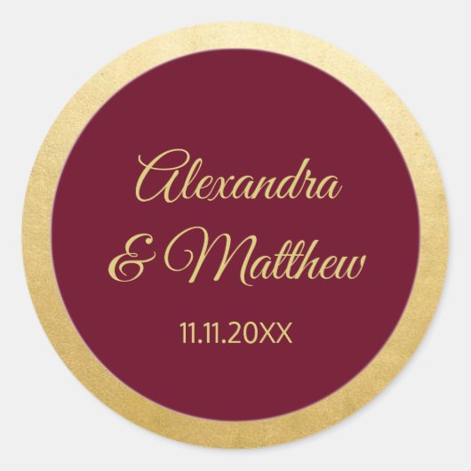 Persoonlijk Elegant Burgundy Gold Wedding Ronde Sticker (Voorkant)