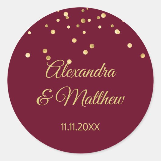 Persoonlijk Elegant Burgundy Gold Wedding Ronde Sticker (Voorkant)
