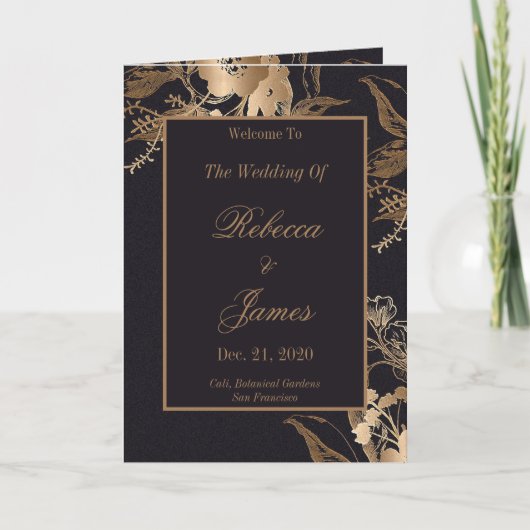Persoonlijk Elegant Gold Metallic Floral Wedding Programma (Voorkant)