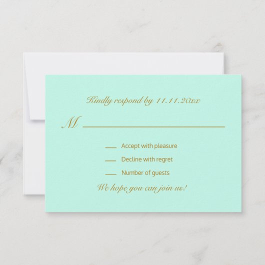 Persoonlijk Elegant MINT Gold RSVP Wedding Kaart (Achterkant)