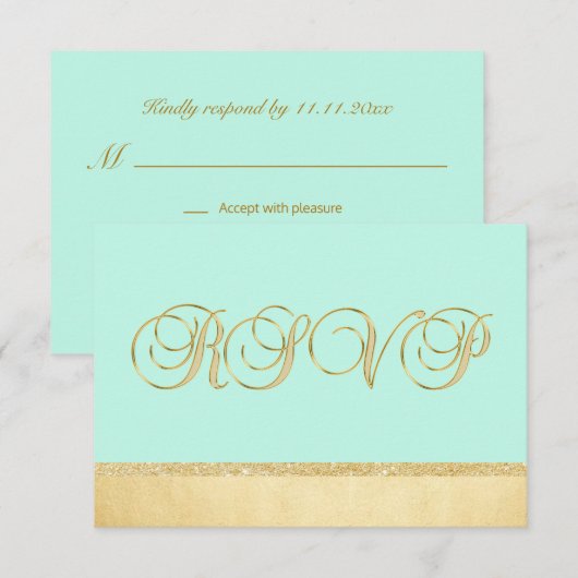 Persoonlijk Elegant MINT Gold RSVP Wedding Kaart (Voorkant / Achterkant)