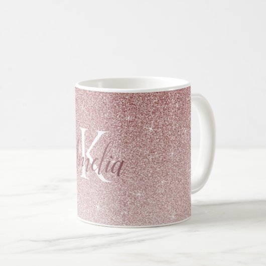 Persoonlijk Elegant Roos Gold Glitter Monogram Koffiemok (Voorkant rechts)