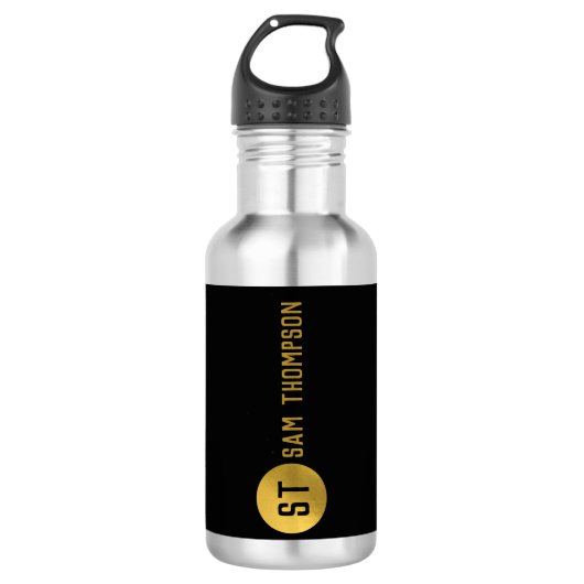 Persoonlijk Elegeant Zwart & Goud Modern Monogram Waterfles (Voorkant)