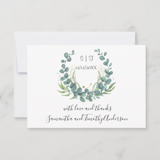 Persoonlijk Eucalyptus Script Bruiloft Monogram Bedankkaart (Voorkant)