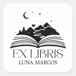 Persoonlijk Ex Libris met een boek en sterren hart Vierkante Sticker