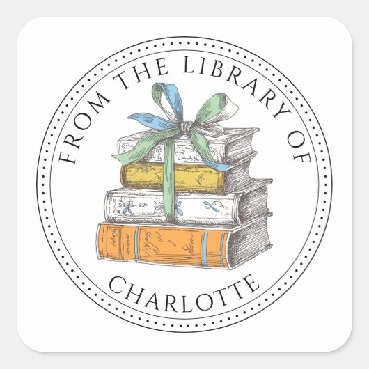 Persoonlijk Ex-Libris met stapel boeken Vierkante Sticker (Voorkant)
