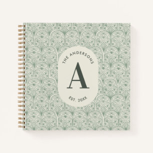 Persoonlijk familienaammonogram saliegroen deco notitieboek