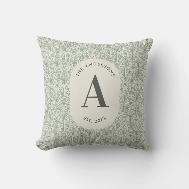 Persoonlijk familienaammonogram saliegroen decorat kussen (Voorkant)
