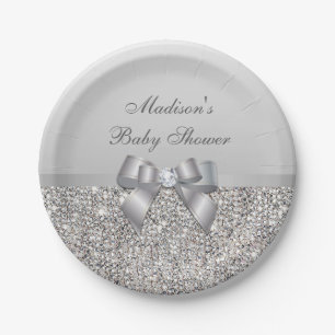 Persoonlijk Faux Silver Sequins Bow-Baby shower Papieren Bordje